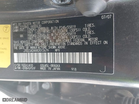 2008 Toyota Highlander Limited with VIN JTEES42AX82012679, listed as a IAAI auction lot 42081573 with 1 mi miles. Bid and sale history available at carsss.com. Image 9.