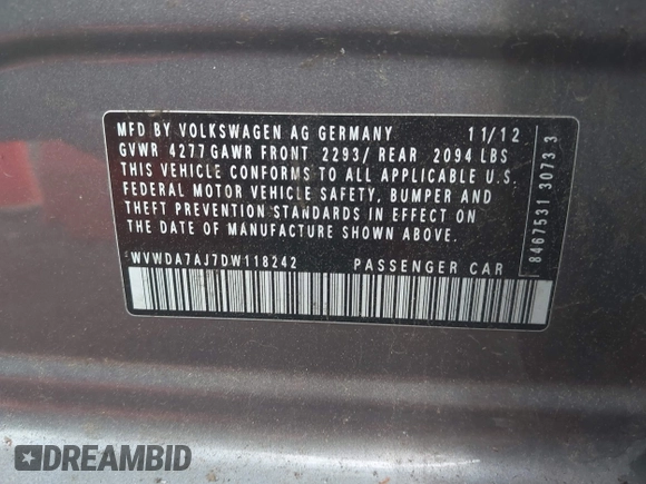 2013 Volkswagen Golf с VIN WVWDA7AJ7DW118242, выставлен на аукционе IAAI как лот 42249723 с пробегом 217 155 миль миль и . История ставок и продаж доступна на DreamBid. Изображение 9.