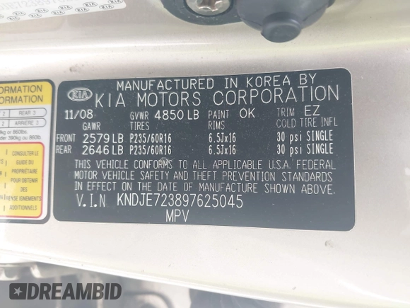 2009 Kia Sportage LX with VIN KNDJE723897625045, listed as a IAAI auction lot 42226159 with 201,266 mi miles and . Bid and sale history available at carsss.com. Image 9.