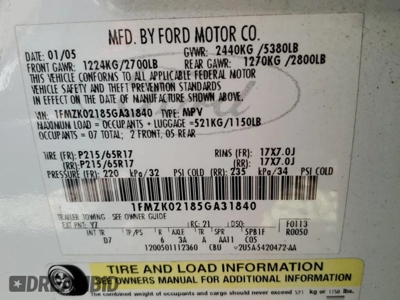 2005 Ford Freestyle SEL z VIN 1FMZK02185GA31840, wystawiony jako Copart lot #53802915 z przebiegiem 164 791 mil mil oraz Szkoda całkowita • Salvage title. Historia ofert i sprzedaży dostępna na DreamBid. Obrazek 14.