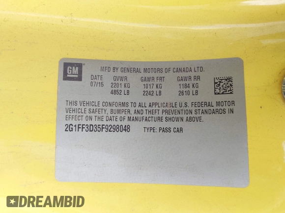 2015 Chevrolet Camaro LT with VIN 2G1FF3D35F9298048, listed as a IAAI auction lot 41649182 with 90,097 mi miles. Bid and sale history available at carsss.com. Image 9.