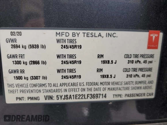 2020 Tesla Model S Long Range with VIN 5YJSA1E22LF369714, listed as a Copart auction lot 51209085 with 92,988 mi miles and Salvage Title. Bid and sale history available at DreamBid. Image 15.