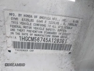 2005 Honda Accord EX z VIN 1HGCM56745A129381, wystawiony jako IAAI lot #41707363 z przebiegiem 148 356 mil mil oraz . Historia ofert i sprzedaży dostępna na DreamBid. Obrazek 9.