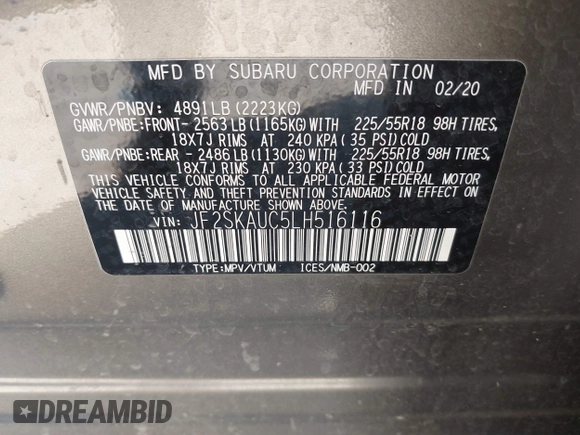 2020 Subaru Forester Limited with VIN JF2SKAUC5LH516116, listed as a IAAI auction lot 42492381 with 85,538 mi miles and . Bid and sale history available at DreamBid. Image 9.