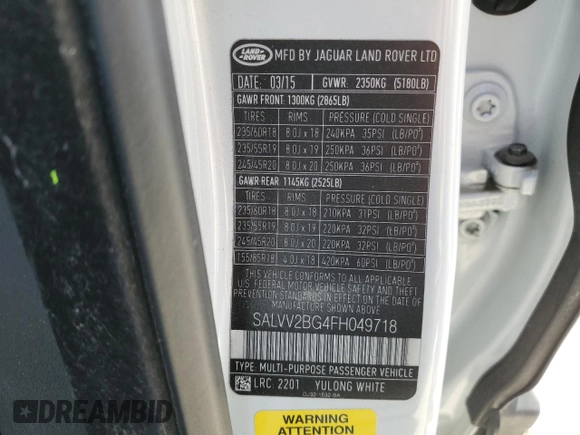 2015 Land Rover Range Rover Evoque Prestige with VIN SALVV2BG4FH049718, listed as a Copart auction lot 47558245 with 55,993 mi miles and Salvage title. Bid and sale history available at DreamBid. Image 13.