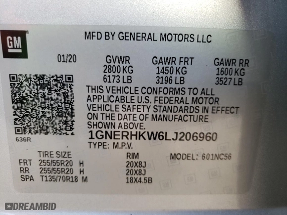 2020 Chevrolet Traverse LT Leather with VIN 1GNERHKW6LJ206960, listed as a Copart auction lot 49902175 with 69,412 mi miles and Non Repairable. Bid and sale history available at carsss.com. Image 15.