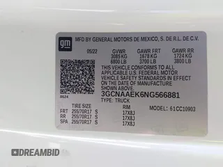2022 Chevrolet Silverado 1500 Work Truck with VIN 3GCNAAEK6NG566881, listed as a IAAI auction lot 42044139 with 57,664 mi miles and . Bid and sale history available at DreamBid. Image 9.