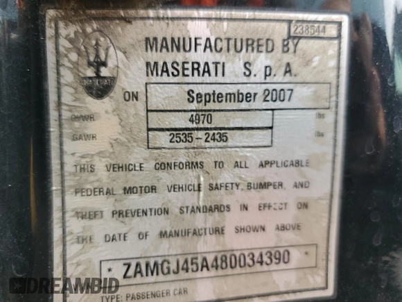 2008 Maserati GranTurismo z VIN ZAMGJ45A480034390, wystawiony jako Copart lot #59290025 z przebiegiem 54 645 mil mil oraz Czysty tytuł • Clean title. Historia ofert i sprzedaży dostępna na DreamBid. Obrazek 12.