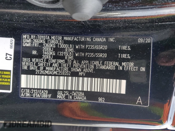 2021 Lexus RX with VIN 2T2HZMDA5MC259352, listed as a Copart auction lot 52934495 with 46,844 mi miles and Salvage Title. Bid and sale history available at carsss.com. Image 12.