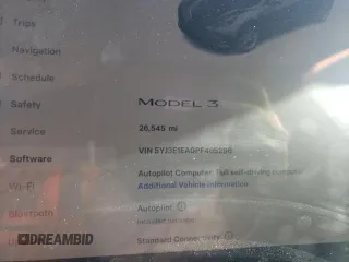 2023 Tesla Model 3 with VIN 5YJ3E1EA0PF465296, listed as a Copart auction lot 75868934 with 26,545 mi miles and Salvage Title. Bid and sale history available at DreamBid. Image 9.