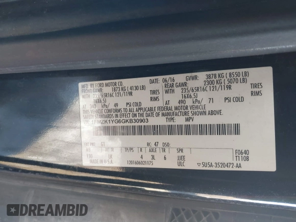 2016 Ford Transit Passenger XL с VIN 1FMZK1YG6GKB30903, выставлен на аукционе IAAI как лот 41639035 с пробегом 165 200 миль миль и . История ставок и продаж доступна на DreamBid. Изображение 9.