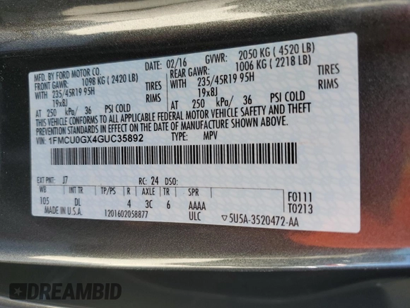 2016 Ford Escape SE with VIN 1FMCU0GX4GUC35892, listed as a Copart auction lot 75960504 with 55,768 mi miles and Non Repairable. Bid and sale history available at carsss.com. Image 14.