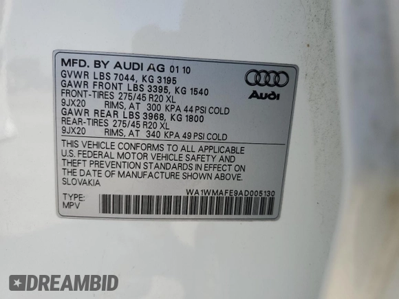 2010 Audi Q7 Prestige with VIN WA1WMAFE9AD005130, listed as a Copart auction lot 63524715 with 127,823 mi miles and Salvage title. Bid and sale history available at DreamBid. Image 13.