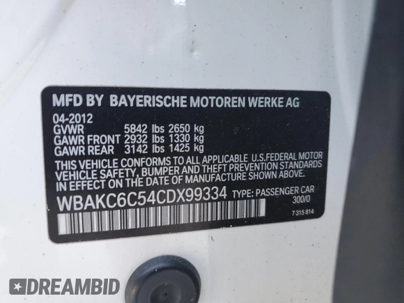 2012 BMW 7 Series 750i xDrive with VIN WBAKC6C54CDX99334, listed as a Copart auction lot 45408845 with Not provided miles and Salvage title. Bid and sale history available at DreamBid. Image 14.