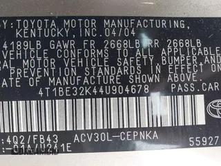 2004 Toyota Camry LE with VIN 4T1BE32K44U904678, listed as a IAAI auction lot 42244005 with 208,846 mi miles and . Bid and sale history available at DreamBid. Image 9.