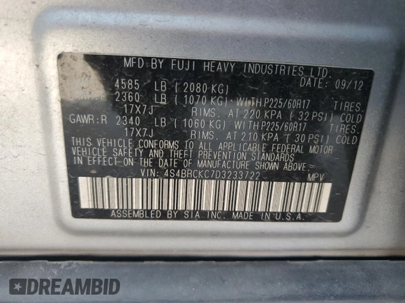 2013 Subaru Outback Limited with VIN 4S4BRCKC7D3233722, listed as a Copart auction lot 63335725 with 196,325 mi miles and Clean title. Bid and sale history available at DreamBid. Image 12.
