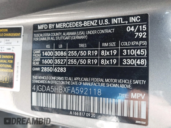 2015 Mercedes-Benz M 350 with VIN 4JGDA5HBXFA592118, listed as a IAAI auction lot 42429105 with 131,705 mi miles and . Bid and sale history available at DreamBid. Image 9.