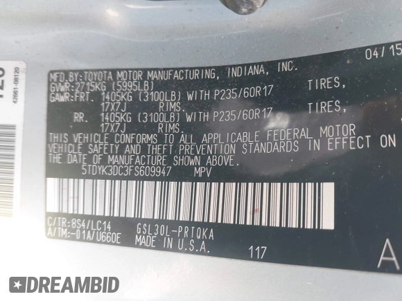 2015 Toyota Sienna XLE with VIN 5TDYK3DC3FS609947, listed as a IAAI auction lot 42097199 with Not provided miles and . Bid and sale history available at DreamBid. Image 9.