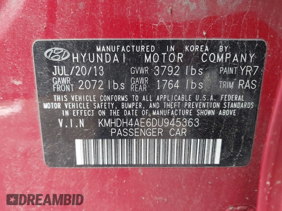 2013 Hyundai Elantra GLS с VIN KMHDH4AE6DU945363, выставлен на аукционе IAAI как лот 42333573 с пробегом 123 417 миль миль и . История ставок и продаж доступна на DreamBid. Изображение 9.