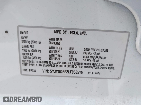 2020 Tesla Model Y Long Range with VIN 5YJYGDEE2LF058515, listed as a IAAI auction lot 41932748 with 62,885 mi miles and . Bid and sale history available at DreamBid. Image 9.