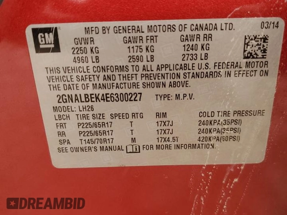 2014 Chevrolet Equinox LT with VIN 2GNALBEK4E6300227, listed as a Copart auction lot 50331925 with 125,267 mi miles and Salvage Title. Bid and sale history available at DreamBid. Image 13.