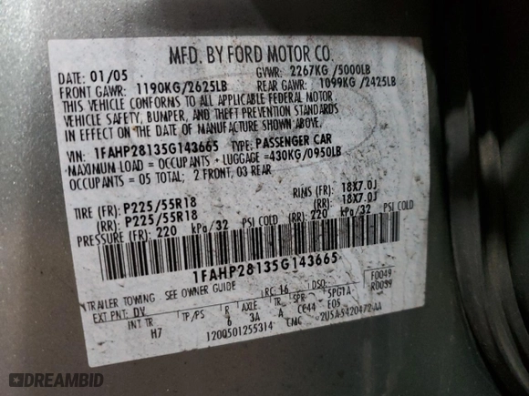 2005 Ford Five Hundred Limited with VIN 1FAHP28135G143665, listed as a Copart auction lot 45281415 with 156,334 mi miles and Salvage Title. Bid and sale history available at carsss.com. Image 12.