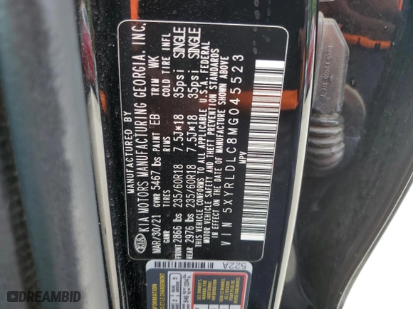 2021 Kia Sorento S with VIN 5XYRLDLC8MG045523, listed as a Copart auction lot 52630425 with 39,782 mi miles and Salvage Title. Bid and sale history available at carsss.com. Image 14.