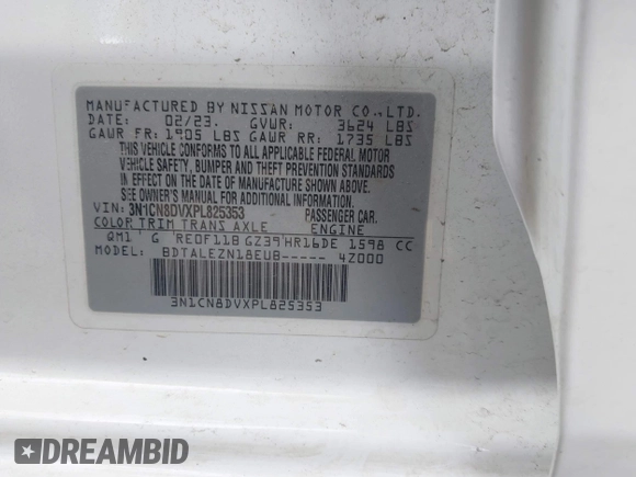 2023 Nissan Versa S with VIN 3N1CN8DVXPL825353, listed as a IAAI auction lot 42623002 with 73,165 mi miles and . Bid and sale history available at DreamBid. Image 9.