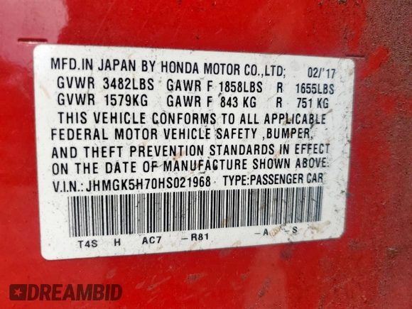 2017 Honda Fit EX with VIN JHMGK5H70HS021968, listed as a Copart auction lot 59503585 with 151,365 mi miles and Salvage title. Bid and sale history available at DreamBid. Image 12.