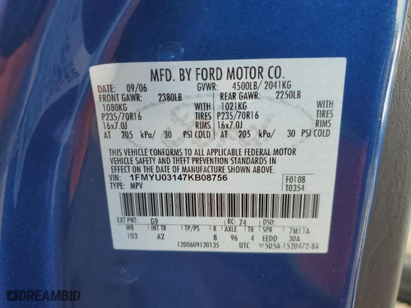2007 Ford Escape XLT with VIN 1FMYU03147KB08756, listed as a Copart auction lot 47033095 with 0 mi miles and Salvage Title. Bid and sale history available at carsss.com. Image 13.