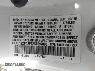 2016 Honda Civic EX with VIN 19XFC2F72GE097060, listed as a IAAI auction lot 41626940 with 156,941 mi miles and . Bid and sale history available at DreamBid. Image 9.