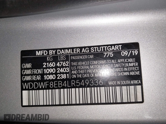 2020 Mercedes-Benz C 300 with VIN WDDWF8EB4LR549336, listed as a IAAI auction lot 41567409 with 19,642 mi miles and . Bid and sale history available at DreamBid. Image 9.