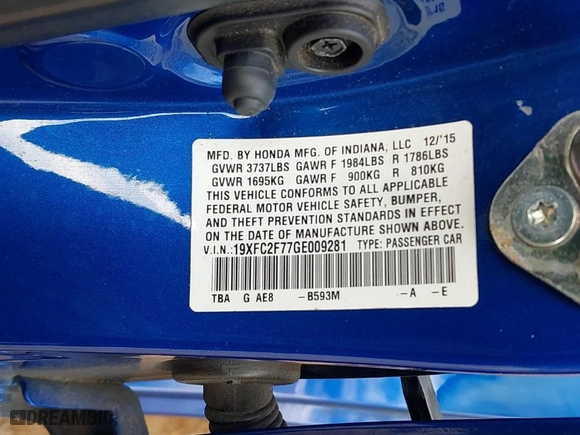 2016 Honda Civic Sedan EX with VIN 19XFC2F77GE009281, listed as a IAAI auction lot 41533440 with 127,244 mi miles. Bid and sale history available at carsss.com. Image 9.