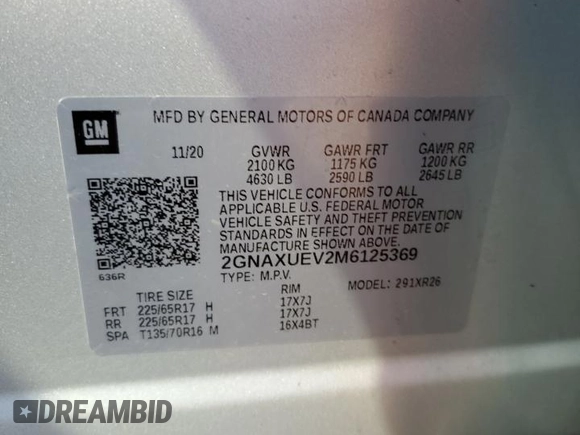 2021 Chevrolet Equinox LT with VIN 2GNAXUEV2M6125369, listed as a Copart auction lot 63131484 with 77,168 mi miles and Salvage title. Bid and sale history available at DreamBid. Image 13.