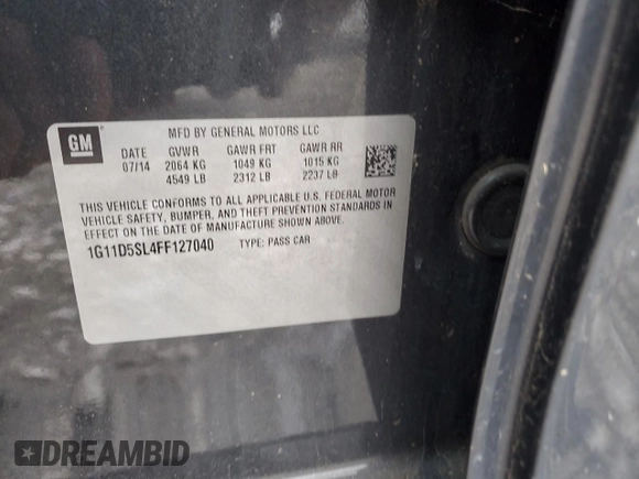 2015 Chevrolet Malibu LT with VIN 1G11D5SL4FF127040, listed as a Copart auction lot 55300855 with Not Provided miles and Clean Title. Bid and sale history available at DreamBid. Image 12.
