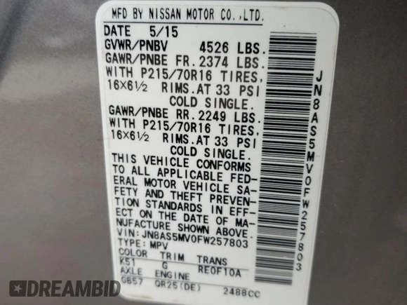 2015 Nissan Rogue S with VIN JN8AS5MV0FW257803, listed as a Copart auction lot 50332325 with 94,332 mi miles and Salvage Title. Bid and sale history available at DreamBid. Image 13.