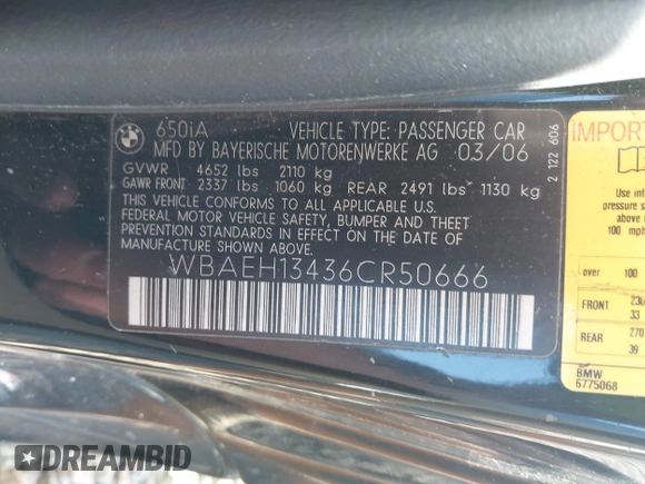 2006 BMW 6 Series 650Ci with VIN WBAEH13436CR50666, listed as a IAAI auction lot 41263683 with 1 mi miles. Bid and sale history available at carsss.com. Image 9.