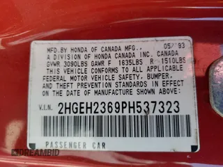 1993 Honda Civic с VIN 2HGEH2369PH537323, выставлен на аукционе Copart как лот 54185625 с пробегом 186 071 миль миль и Списание • Salvage title. История ставок и продаж доступна на DreamBid. Изображение 12.