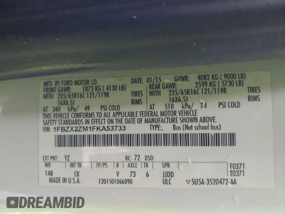 2015 Ford Transit XL with VIN 1FBZX2ZM1FKA53733, listed as a IAAI auction lot 41210136 with 155,458 mi miles and . Bid and sale history available at DreamBid. Image 9.
