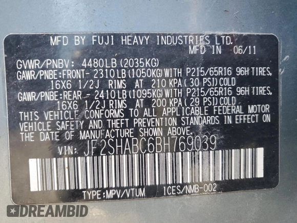 2011 Subaru Forester X with VIN JF2SHABC6BH769039, listed as a Copart auction lot 50199155 with Not Provided miles and Non Repairable. Bid and sale history available at DreamBid. Image 12.