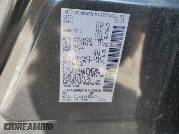 2014 Nissan Pathfinder Platinum with VIN 5N1AR2MM0EC653996, listed as a Copart auction lot 62788795 with 128,456 mi miles and Clean title. Bid and sale history available at DreamBid. Image 13.