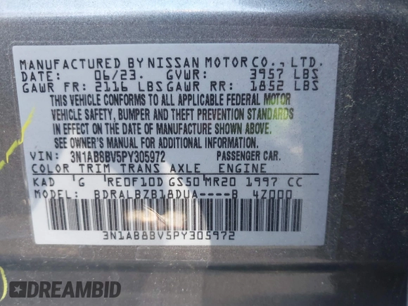2023 Nissan Sentra S with VIN 3N1AB8BV5PY305972, listed as a IAAI auction lot 41641715 with 30,487 mi miles and . Bid and sale history available at DreamBid. Image 9.
