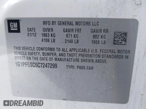 2012 Chevrolet Cruze 1LT with VIN 1G1PF5SC6C7247299, listed as a IAAI auction lot 41401131 with 136,714 mi miles and . Bid and sale history available at DreamBid. Image 9.