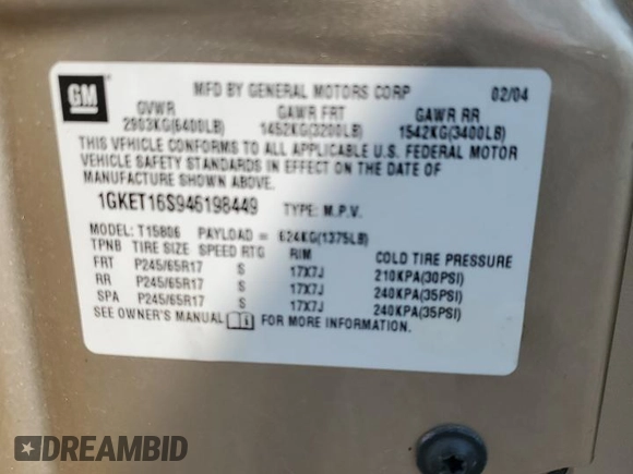 2004 GMC Envoy SLE z VIN 1GKET16S946198449, wystawiony jako Copart lot #58758375 z przebiegiem 102 946 mil mil oraz Szkoda całkowita • Salvage title. Historia ofert i sprzedaży dostępna na DreamBid. Obrazek 13.