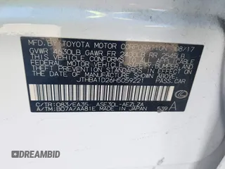2017 Lexus IS 200t with VIN JTHBA1D26H5059221, listed as a IAAI auction lot 41940144 with 50,740 mi miles and . Bid and sale history available at DreamBid. Image 9.