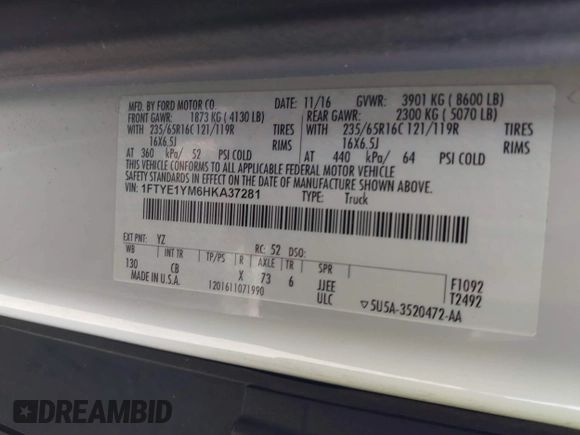 2017 Ford Transit с VIN 1FTYE1YM6HKA37281, выставлен на аукционе IAAI как лот 42621448 с пробегом 150 825 миль миль и . История ставок и продаж доступна на DreamBid. Изображение 9.