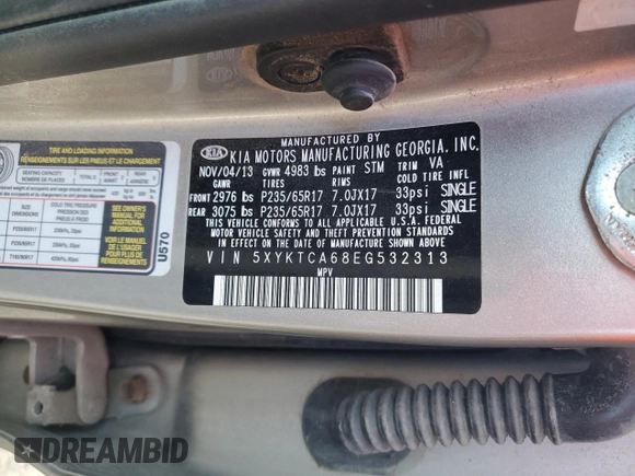 2014 Kia Sorento LX with VIN 5XYKTCA68EG532313, listed as a Copart auction lot 49613145 with 167,534 mi miles and Clean Title. Bid and sale history available at DreamBid. Image 12.