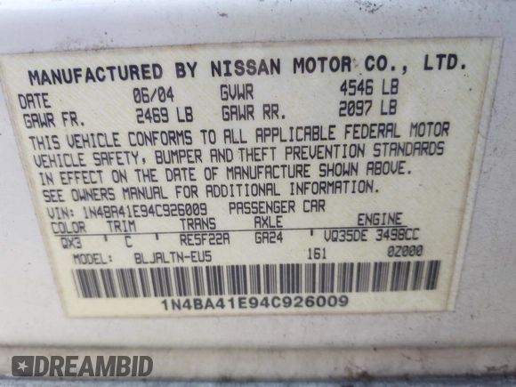 2004 Nissan Maxima SE with VIN 1N4BA41E94C926009, listed as a IAAI auction lot 42583368 with Not provided miles and . Bid and sale history available at DreamBid. Image 9.