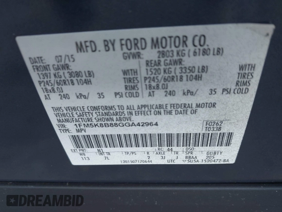 2016 Ford Explorer with VIN 1FM5K8B88GGA42964, listed as a IAAI auction lot 41763365 with 99,024 mi miles and . Bid and sale history available at DreamBid. Image 8.