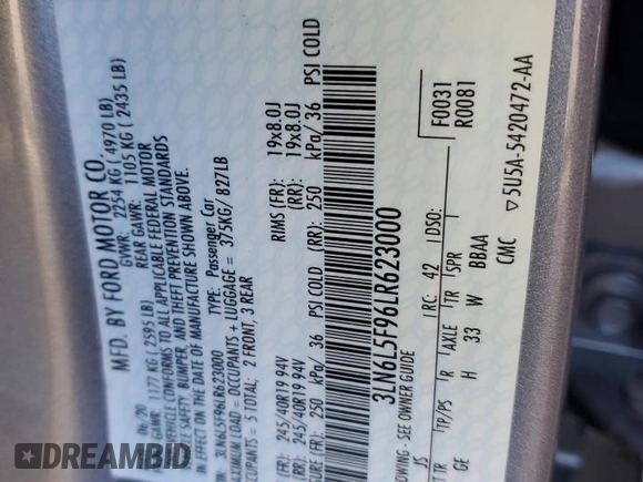 2020 Lincoln MKZ Reserve with VIN 3LN6L5F96LR623000, listed as a Copart auction lot 87679685 with 20,476 mi miles and Salvage Title. Bid and sale history available at DreamBid. Image 12.